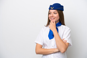 Airplane Lithuanian woman stewardess isolated on white background looking to the side