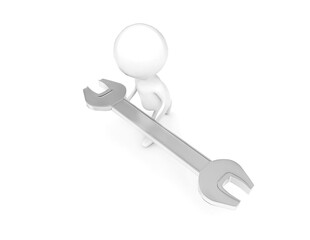 3d man holding a large wrench by both os his hands concept