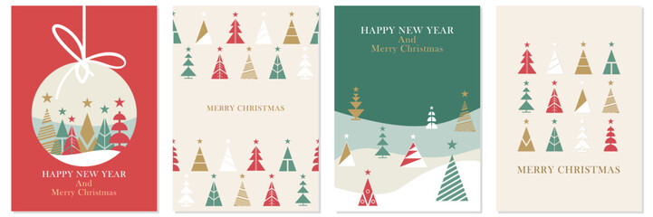 Merry Christmas and Happy New Year Set of greeting cards, posters, holiday covers. Modern Xmas design with triangle firs pattern in green, red, white colors. Christmas tree, ball, decoration elements © Cavid