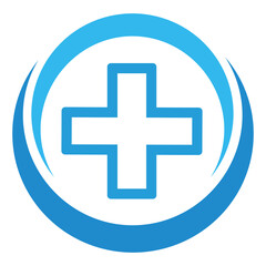 Creative illustration of a blue medical cross in a circle on a white background.