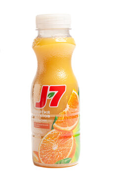 Moscow, Russia, November 09,2022: J7 orange juice bottle.