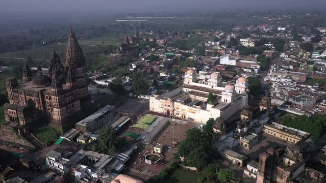 An Aerial Shot of Chaturbhuj Temple and Shri Ram Raja Mandir at Orchha, Madhya Pradesh, India