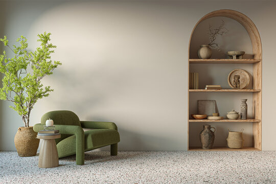 Minimalist interior design on arch wall background. Wall mockup concept, 3d render