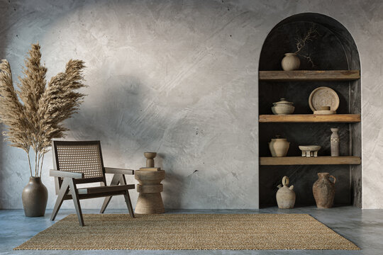 Wabi sabi interior design on arch wall background. Wall mockup concept, 3d render	
