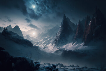 Epic night mountain landscape with stars and moon shining through the clouds.