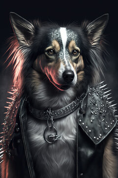 Stylish Dog Portrait. Dog Dressed As Rockstar. Funny Dog Illustration