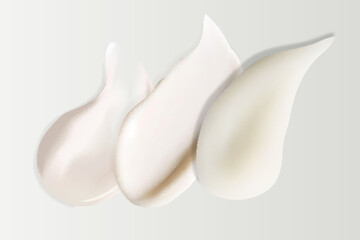 Realistic set of vector strokes of cosmetic cream. Smears of cosmetic white skin cream of various shapes and sizes, isolated on a transparent background. Top view