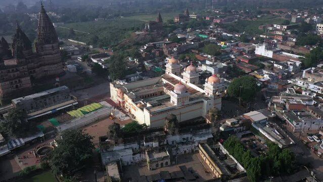 An Aerial Shot of Chaturbhuj Temple and Shri Ram Raja Mandir at Orchha, Madhya Pradesh, India