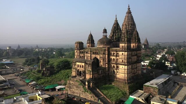 An Aerial Shot of Chaturbhuj Temple and Shri Ram Raja Mandir at Orchha, Madhya Pradesh, India