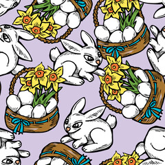 Easter seamless vector pattern with flowers, eggs, basket, spring decorative elements. Hand drawn illustration for textile print, fabric design, party decoration, scrapbooking, wallpaper and wrapping.