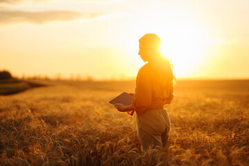 Female farmer  with tablet in the field. Agriculture, gardening, business or ecology concept....