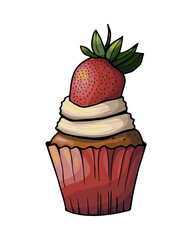 delicious chocolate cupcake with red ripe strawberries and vanilla cream on a white background