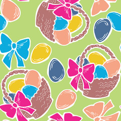 Easter seamless vector pattern with flowers, eggs, basket, spring decorative elements. Hand drawn illustration for textile print, fabric design, party decoration, scrapbooking, wallpaper and wrapping.