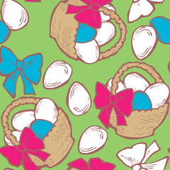 Easter seamless vector pattern with flowers, eggs, basket, spring decorative elements. Hand drawn illustration for textile print, fabric design, party decoration, scrapbooking, wallpaper and wrapping.