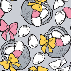 Easter seamless vector pattern with flowers, eggs, basket, spring decorative elements. Hand drawn illustration for textile print, fabric design, party decoration, scrapbooking, wallpaper and wrapping.