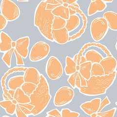 Easter seamless vector pattern with flowers, eggs, basket, spring decorative elements. Hand drawn illustration for textile print, fabric design, party decoration, scrapbooking, wallpaper and wrapping.