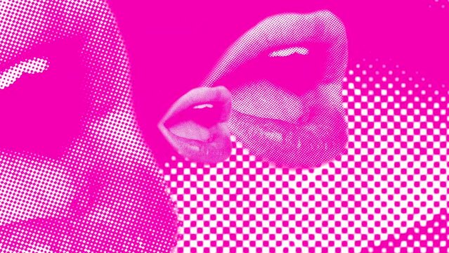 Modern fashion background with open mouth or lips. animated graphics with looping background. animated collage in the style of pop art. the concept of fashion