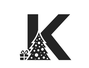 letter k with christmas tree and gift. initial letter for Christmas, new year and winter holiday design