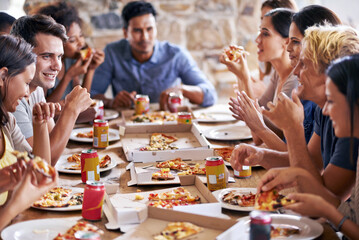 Friends together eating, pizza at restaurant and fast food on table with social gathering and...