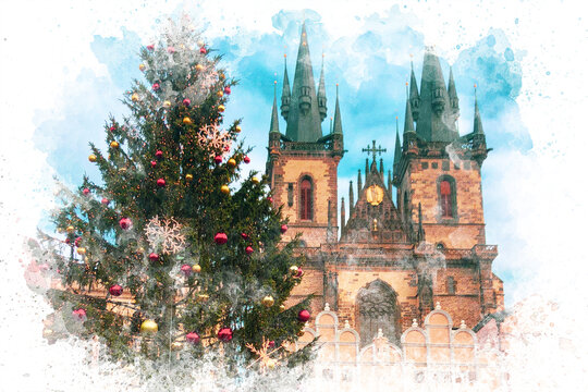 Watercolor illustration of christmas tree and church in Prague. Christmas in Prague. Holiday in Europe.