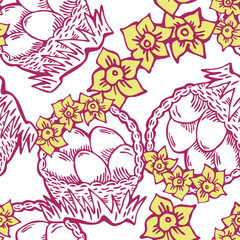 Easter seamless vector pattern with flowers, eggs, basket, spring decorative elements. Hand drawn illustration for textile print, fabric design, party decoration, scrapbooking, wallpaper and wrapping.