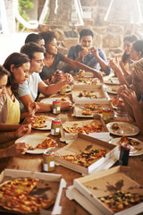 Party, pizza and group of friends at table eating together, having fun and bonding. Food,...