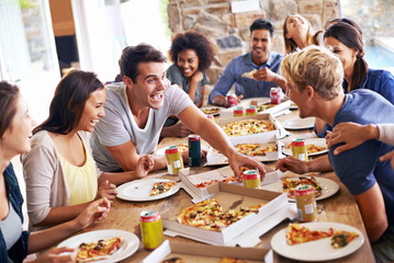 Lunch, happy friends and pizza party with food, drinks and conversation, social gathering and get...