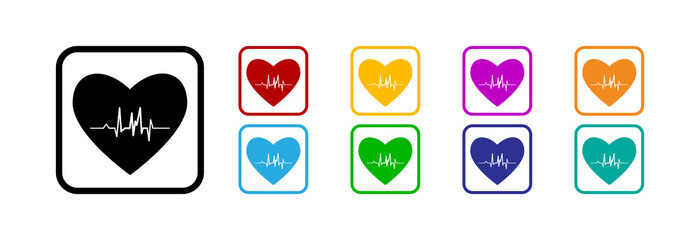 Heart cardiogram drawing, set of icons in different colors.