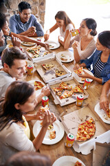 Pizza, restaurant and friends party at table eating together with social, communication and...