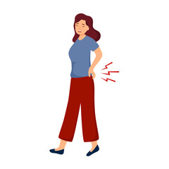 Low back pain concept vector illustration on white background. Young woman suffering from backache. Office syndrome.