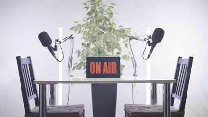 Podcast studio with microphones on white background and green flower