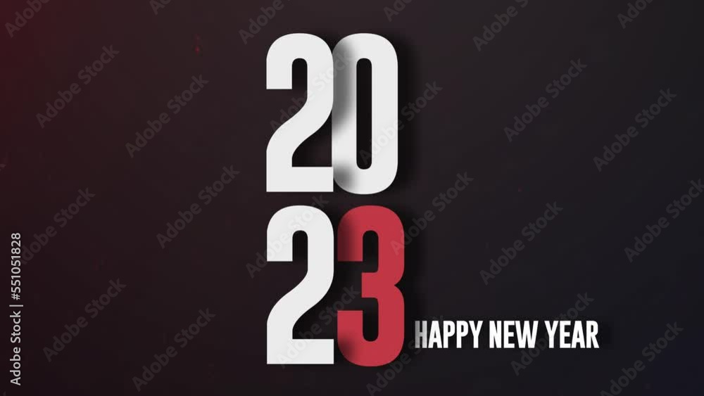 Poster happy new year. 2023 white text and number 3 red color text-shadow with paper split 4k animations on