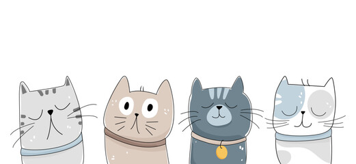 Set of portraits of four cartoon cats. Cute and funny cats doodle vector set. Cat or kitten characters design collection. Set of pet animals isolated on white background.  © Mariana Hihiieva
