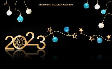 Fototapeta premium Happy New Year 2023 with Luxury Clock New Year Shining background with gold clock.