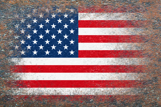 Flag of USA. American flag painted on rusty surface. Rusty background. Copy space. Textured background