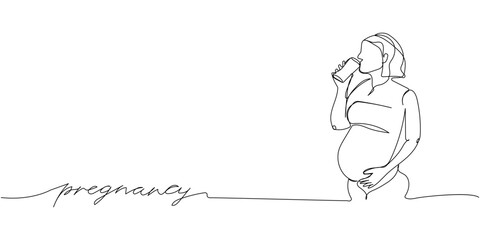 Pregnant woman one line art with an inscription pregnancy. Continuous line drawing of pregnancy, motherhood, preparation for childbirth, water balance, vitamins, drink water.