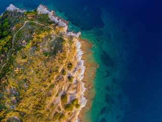 Aerial drone  view of beautiful agios stefanos harbour in corfu greece