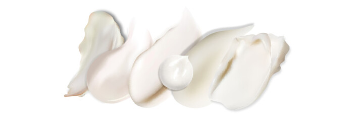Fototapeta na wymiar Realistic set of vector strokes of cosmetic cream. Smears of cosmetic white skin cream of various shapes and sizes, isolated on a transparent background. Top view