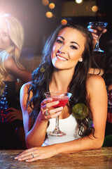 Woman with cocktail at nightclub, celebration with alcohol drink and new year party, happy hour and social event. Cocktails, club and female drinking, smile and happy to celebrate holiday.