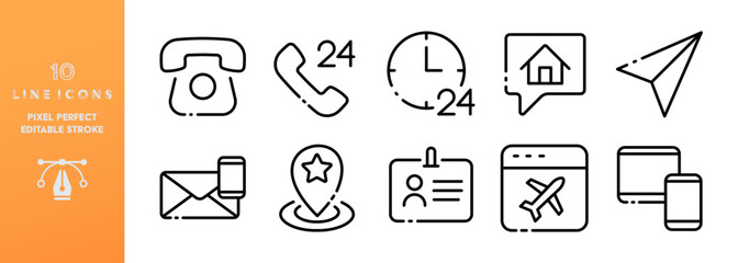 Contact us set icon. Editable stroke. Phone, pointer, send message, handset, calls, check mark, communication, alarm, correspondence, sms, fax. Phone concept. Vector line icon on white background