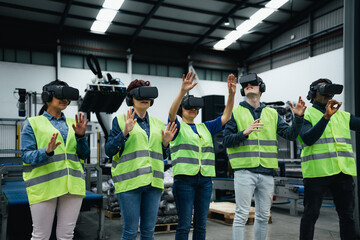 Team of engineers having simulation experience with futuristic virtual reality glasses inside...