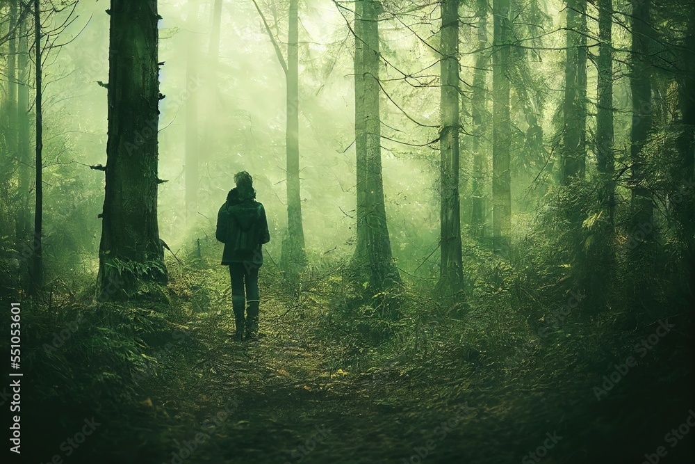Poster  a person walking through a forest with fog on the trees and in the distance a trail with a person walking. Generative AI