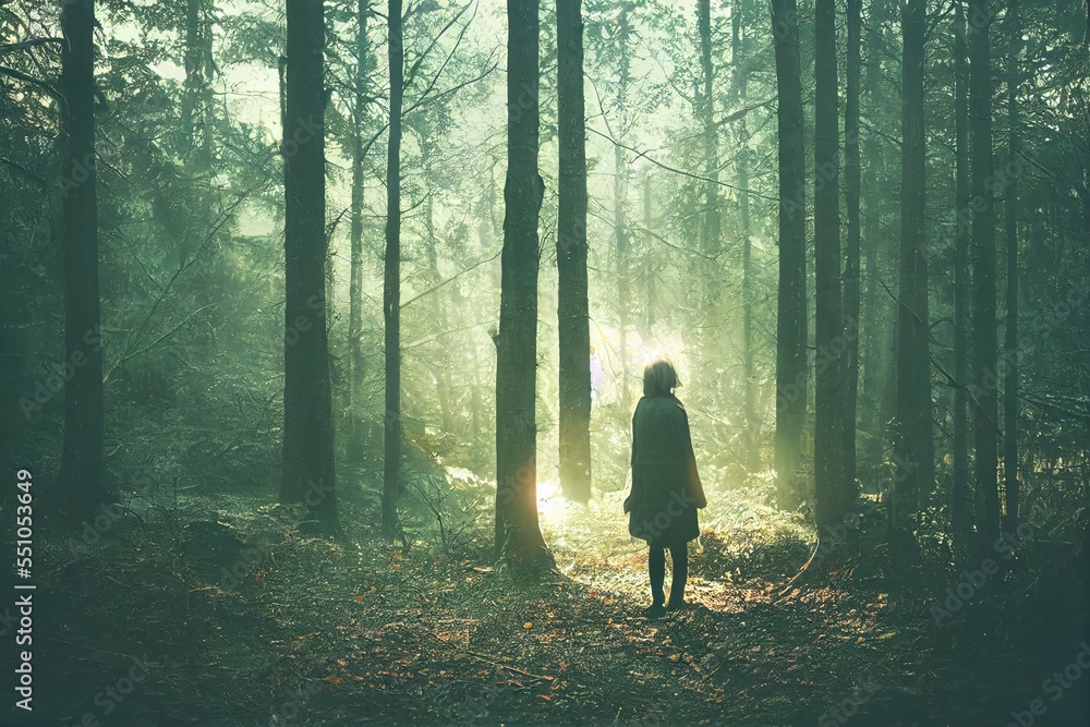 Poster a person standing in a forest with the sun shining through the trees and the light coming through th