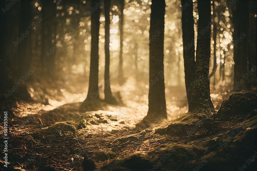 Poster a forest with a sunbeam in the middle of it and trees in the background with a sunbeam in the middle