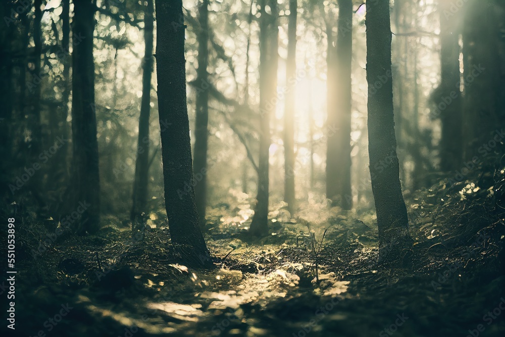 Poster a sunbeam in the middle of a forest with trees and grass on the ground and a trail in the middle of 