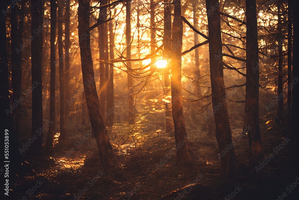 Aufkleber a sunbeam in the middle of a forest with trees and grass on the ground and the sun shining through t