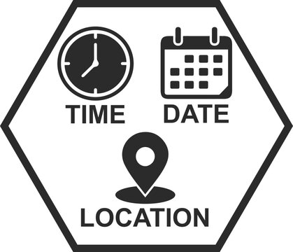 Time, date, location icon, event message vector black symbol