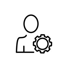 Man with gear button line icon. Setting, configuration, reminder, installation, tuning, development, alinement. Setup concept. Vector line icon on white background