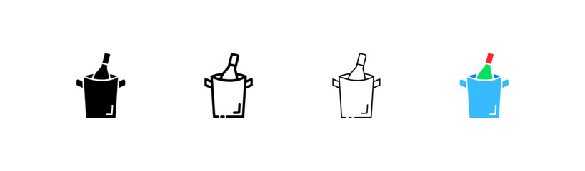 Wine put in a bucket to cool set icon. Bottle, bottle, glass, hand, aging, taste, smell, conditions, temperature. Restaurant concept. Vector four icon in different style on white background