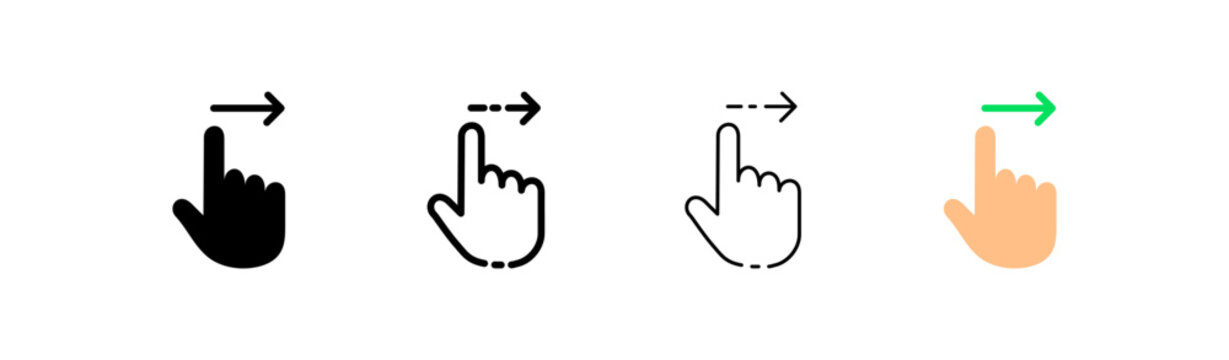 Click set icon. Tap, Index finger, knob, tapping, sliding, 3d object modeling, snap, button, arrow, sensor, key. Pressing concept. Vector four icon in different style on white background